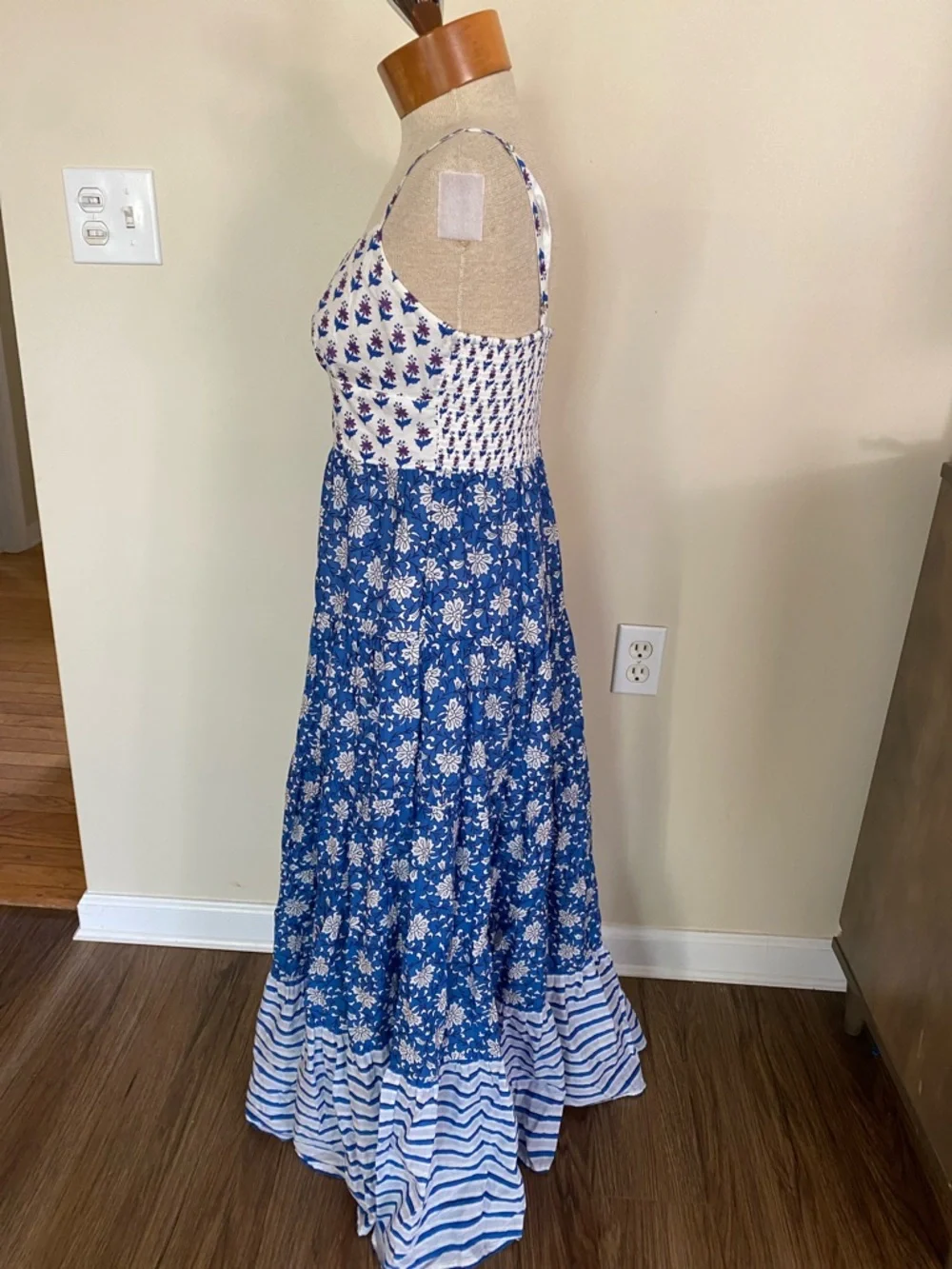 J. Crew Blue and White Mixed-Print Tiered Maxi Dress. Cotton. Size 4